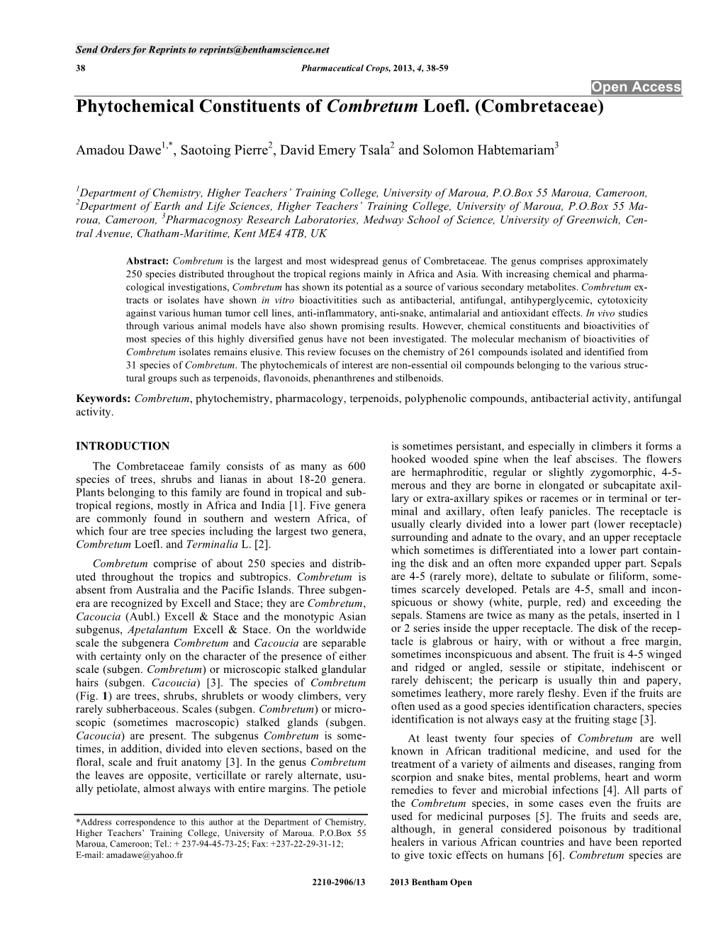 Phytochemical Constituents of Combretum Loefl. (Combretaceae)