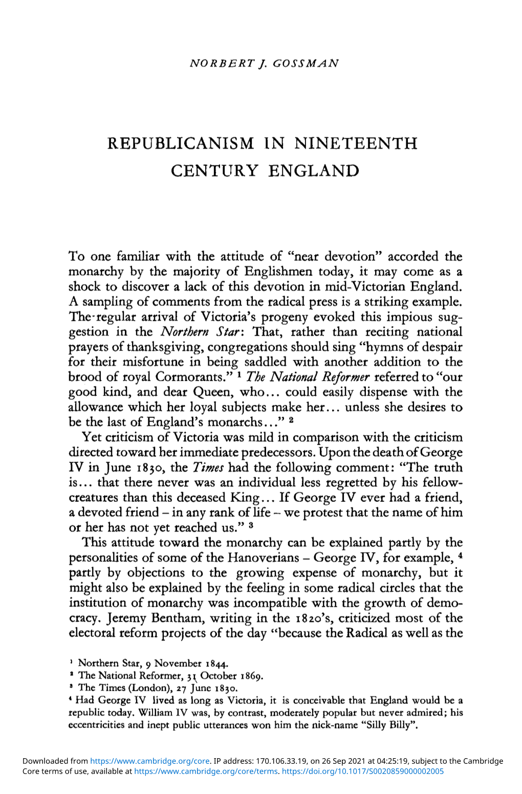 Republicanism in Nineteenth Century England