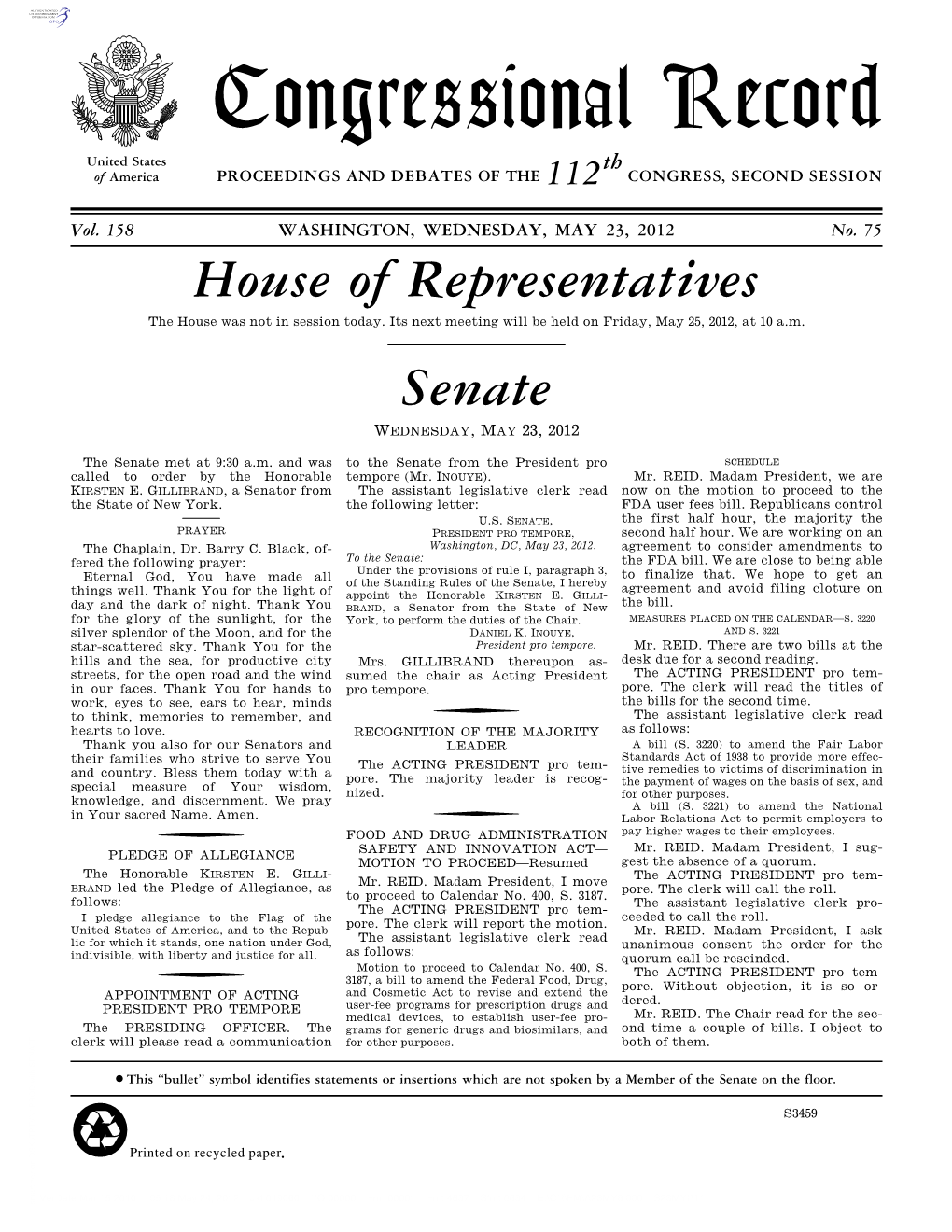 Congressional Record United States Th of America PROCEEDINGS and DEBATES of the 112 CONGRESS, SECOND SESSION