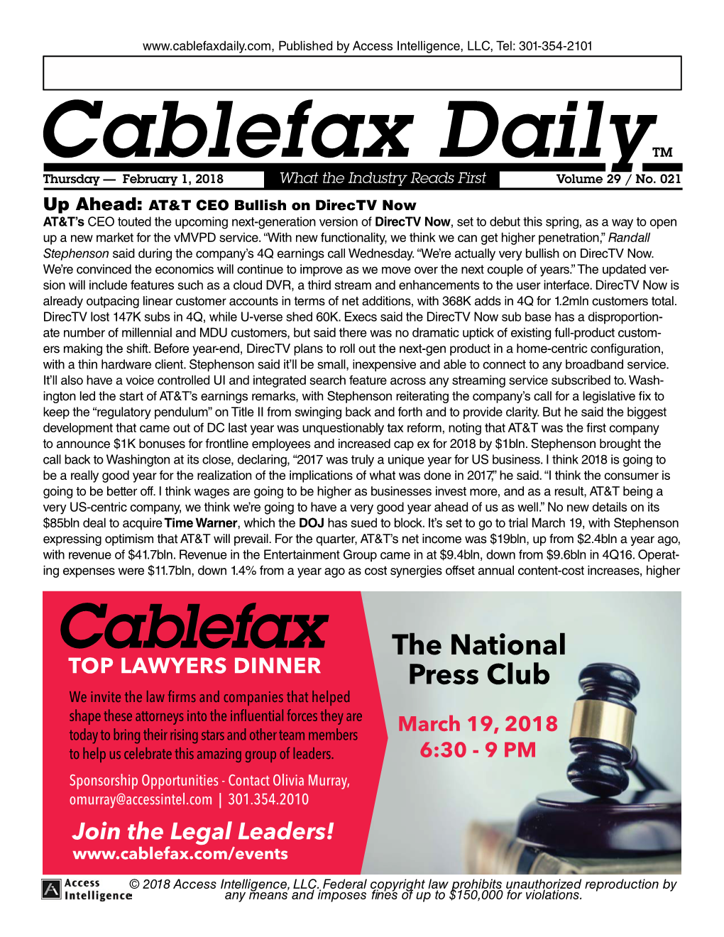 Cablefax Dailytm Thursday — February 1, 2018 What the Industry Reads First Volume 29 / No