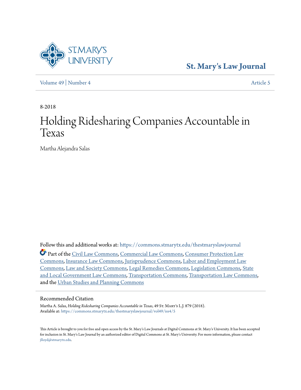 Holding Ridesharing Companies Accountable in Texas Martha Alejandra Salas