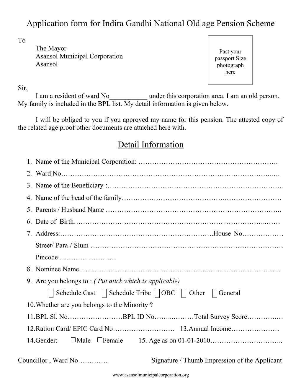 Application Form for Indra Gandhi National Old Age Pension Scheme