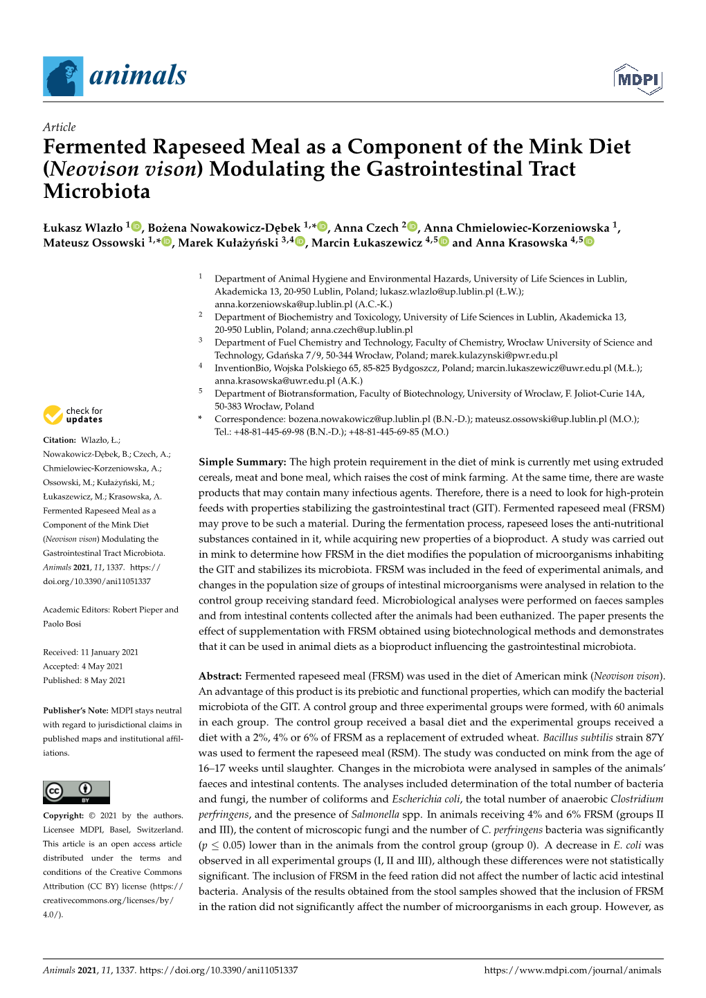 Fermented Rapeseed Meal As a Component of the Mink Diet (Neovison Vison) Modulating the Gastrointestinal Tract Microbiota