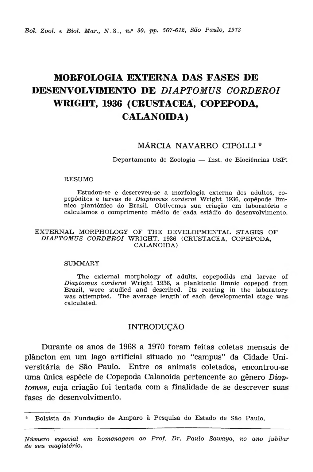 Morfologia Externa Das Fases De Desenvolvimento De Diaptomus Corderoi Wright, 1936 (Crustacea, Copepoda, Calanoida)