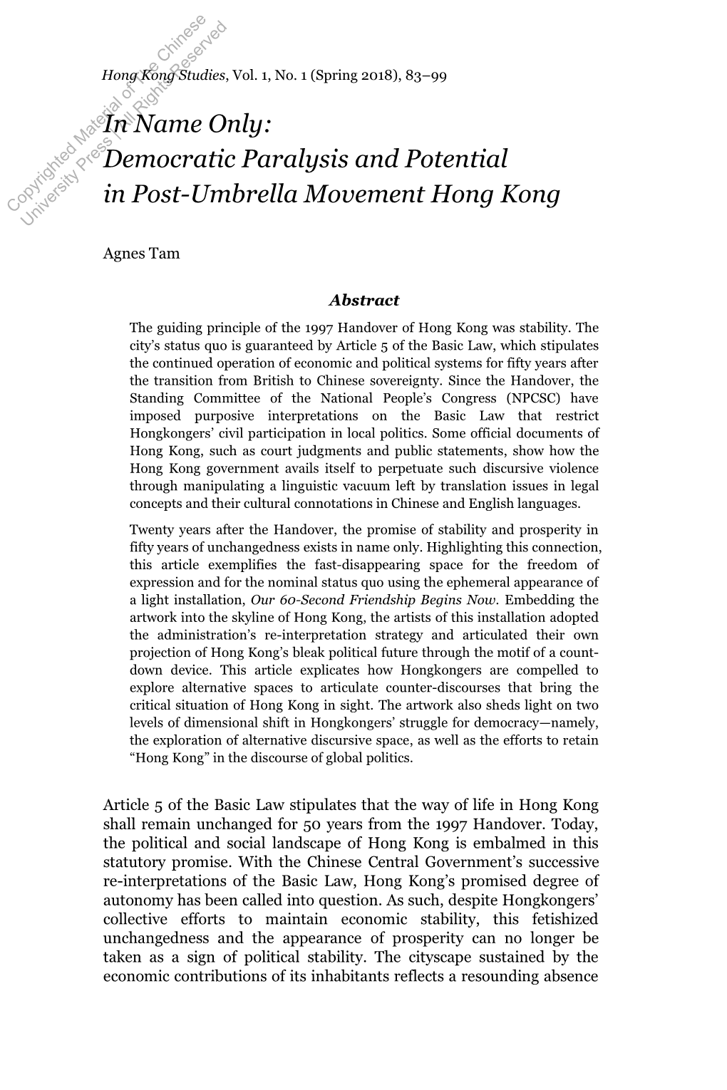 Democratic Paralysis and Potential in Post-Umbrella Movement Hong Kong Copyrighted Material of the Chinese University Press | All Rights Reserved Agnes Tam