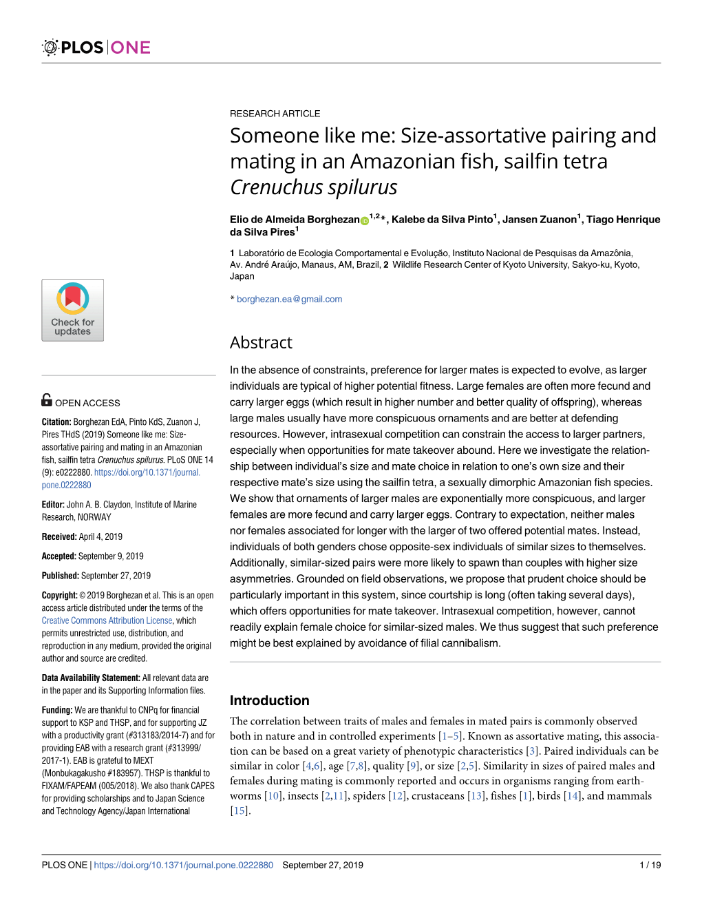 Someone Like Me: Size-Assortative Pairing and Mating in an Amazonian Fish, Sailfin Tetra Crenuchus Spilurus