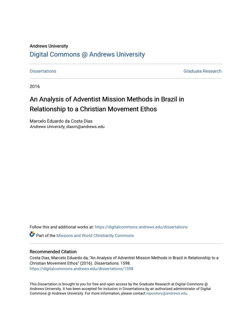 An Analysis of Adventist Mission Methods in Brazil in Relationship to a Christian Movement Ethos