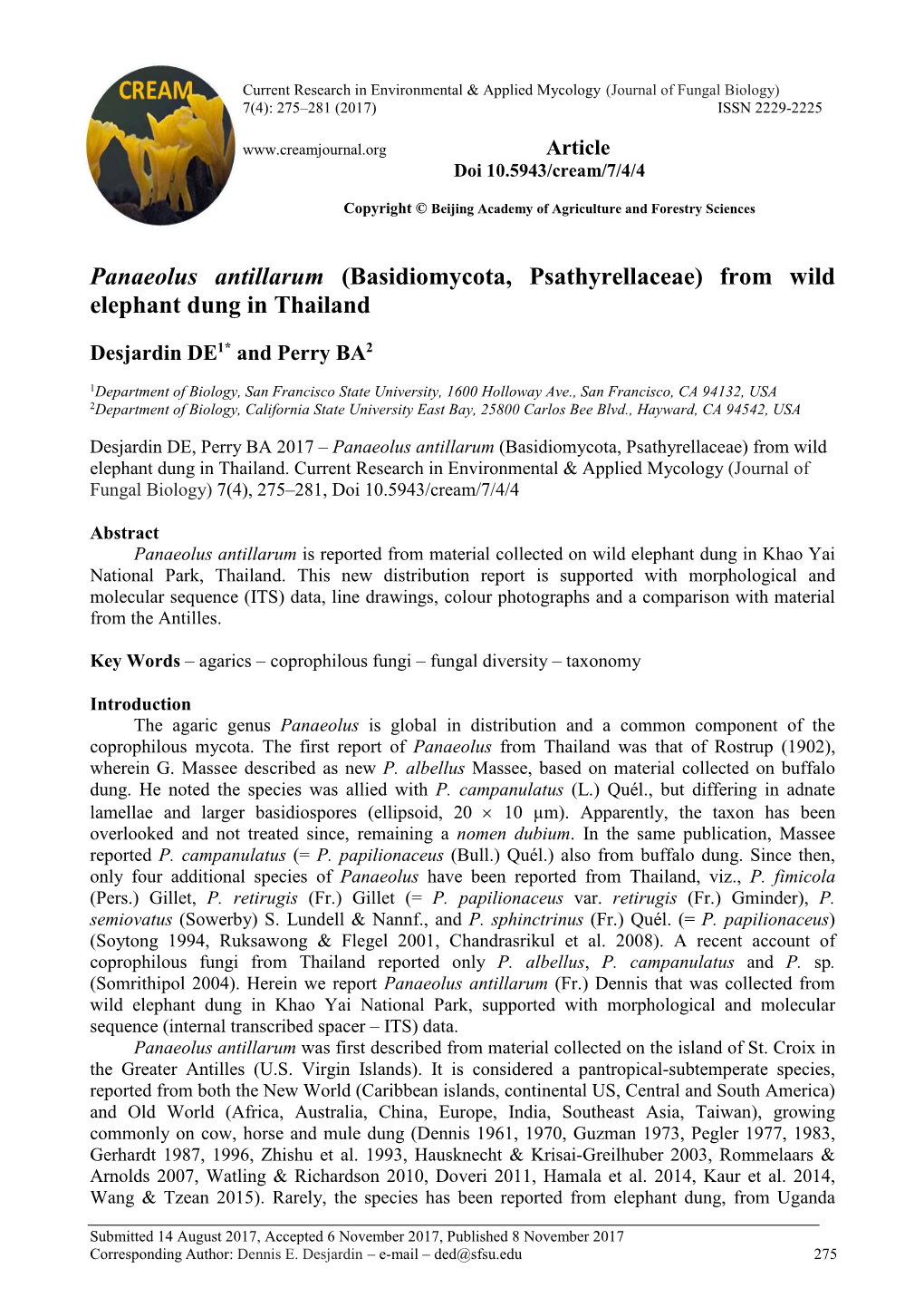 Panaeolus Antillarum (Basidiomycota, Psathyrellaceae) from Wild Elephant Dung in Thailand