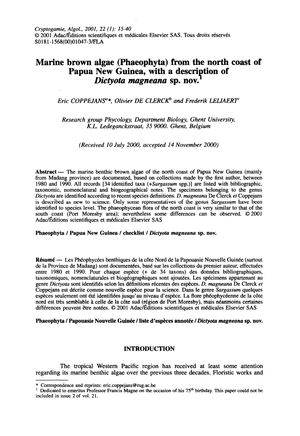 Marine Brown Algae (Phaeophyta) from the North Coast of Papua New Guinea, with a Description of Dictyota Mugneana Sp. Nov