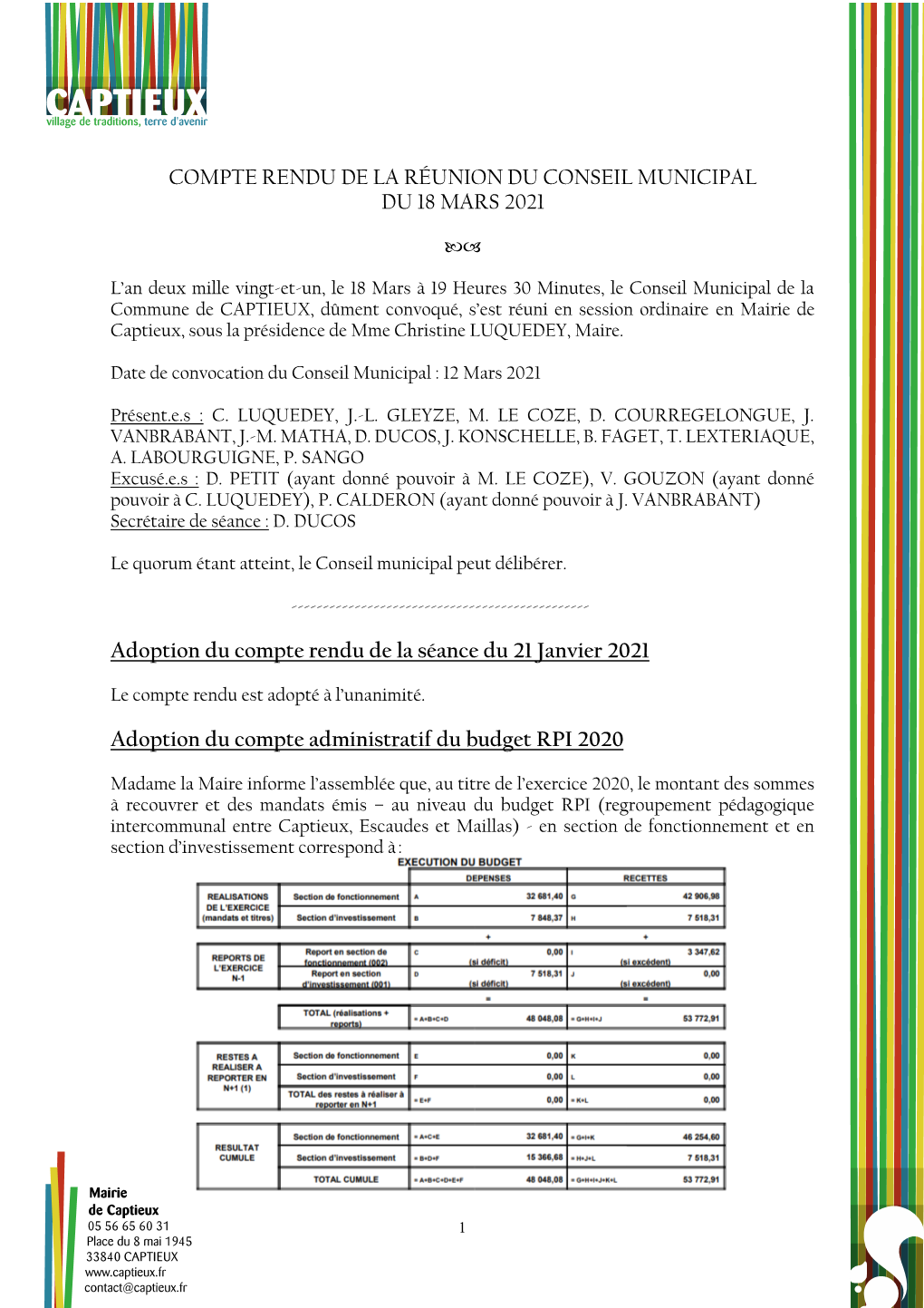 Compte Rendu De La Réunion Du Conseil Municipal Du 18 Mars 2021