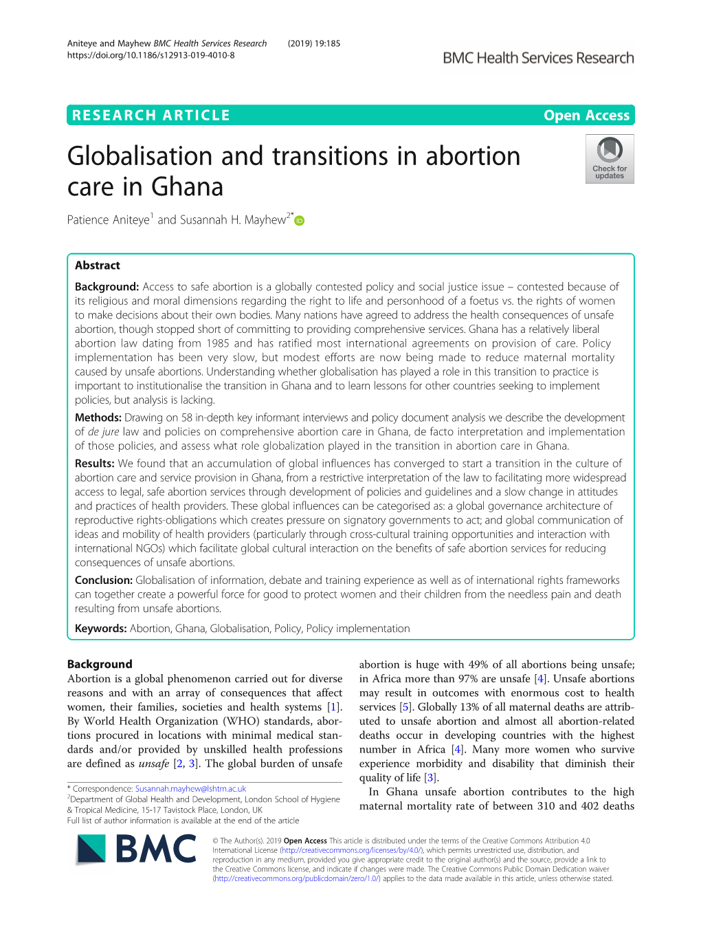 Globalisation and Transitions in Abortion Care in Ghana Patience Aniteye1 and Susannah H