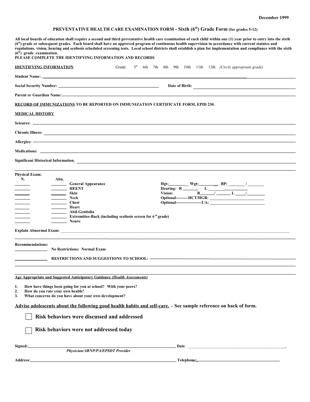 SCHOOL MEDICAL EXAMINATION FORM - Sixth (6Th) and Ninth (9) Grade Form (5-12)