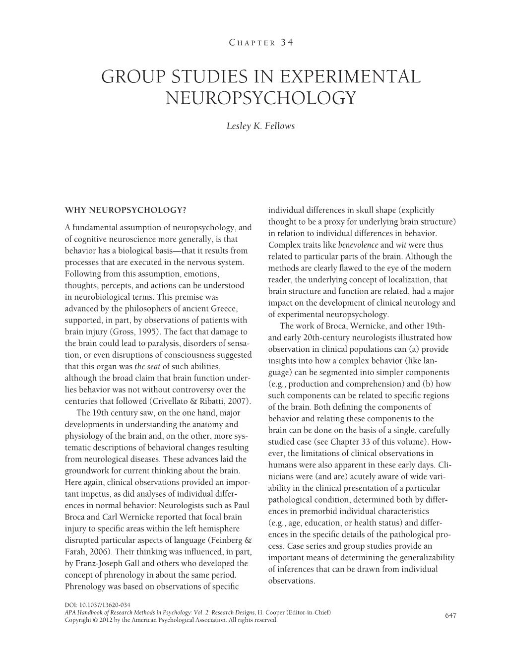 Group Studies in Experimental Neuropsychology