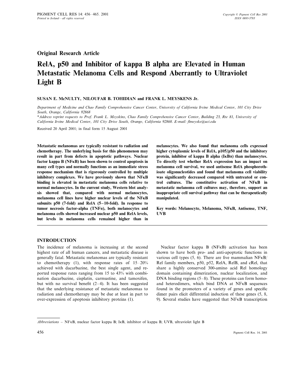 Rela, P50 and Inhibitor of Kappa B Alpha Are Elevated in Human Metastatic Melanoma Cells and Respond Aberrantly to Ultraviolet Light B