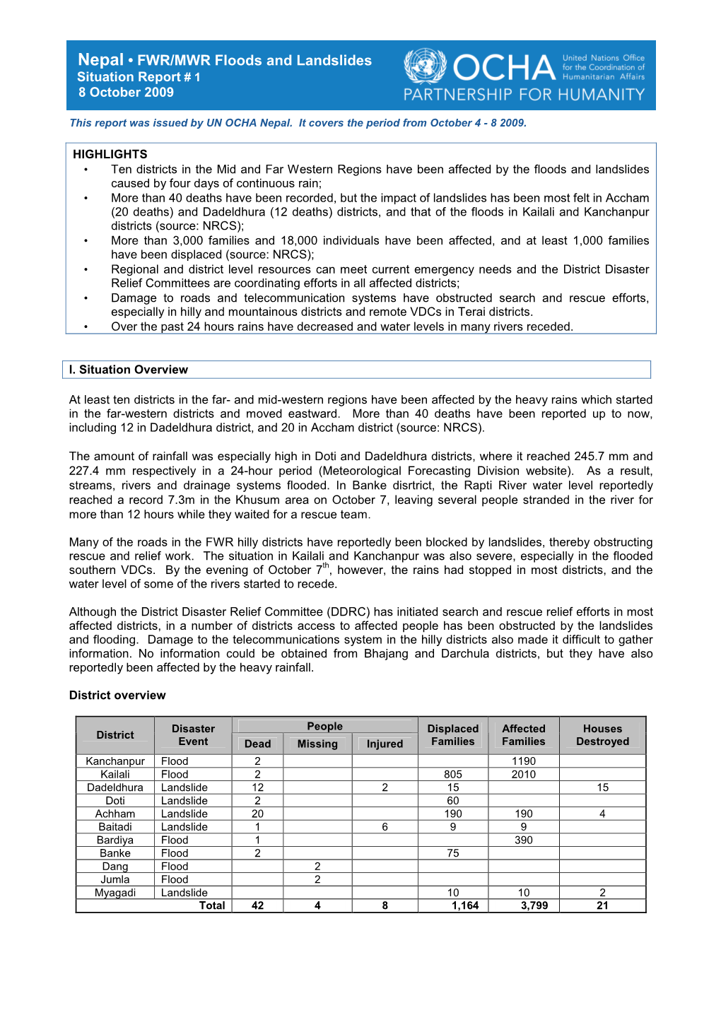 Nepal • FWR/MWR Floods and Landslides Situation Report # 1 8 October 2009