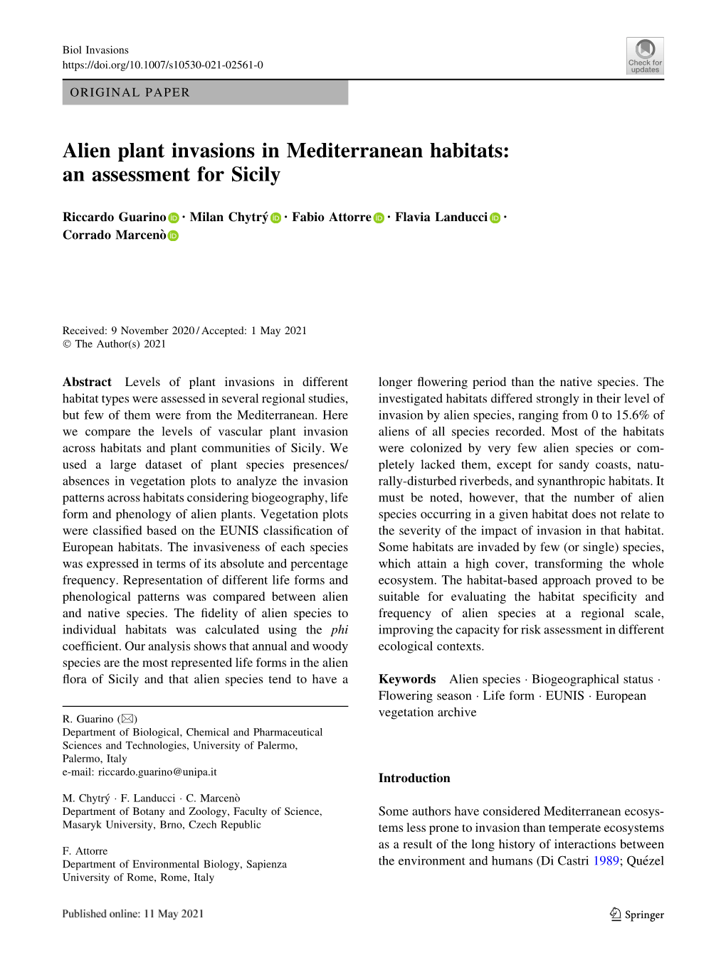 Alien Plant Invasions in Mediterranean Habitats: an Assessment for Sicily
