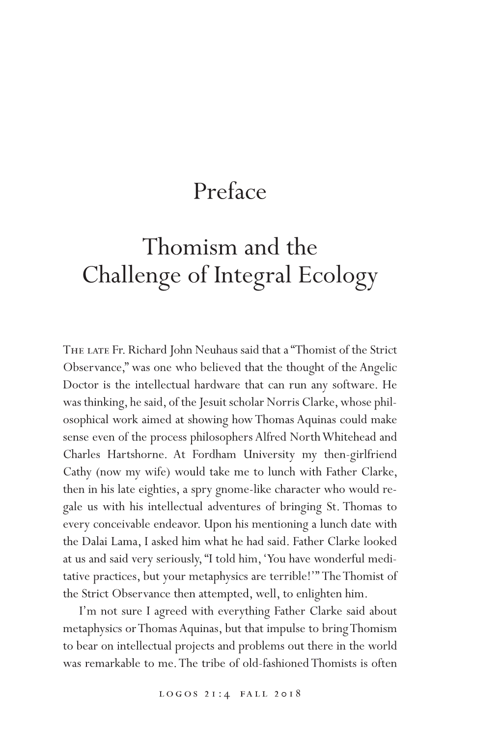 Preface Thomism and the Challenge of Integral Ecology