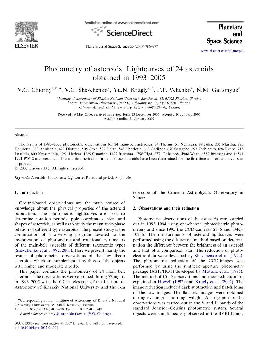 Photometry of Asteroids: Lightcurves of 24 Asteroids Obtained in 1993–2005