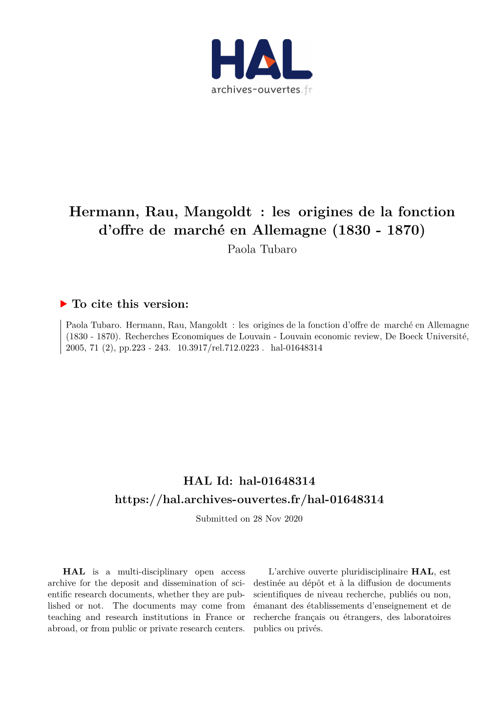 Hermann, Rau, Mangoldt : Les Origines De La Fonction D’Offre De Marché En Allemagne (1830 - 1870) Paola Tubaro