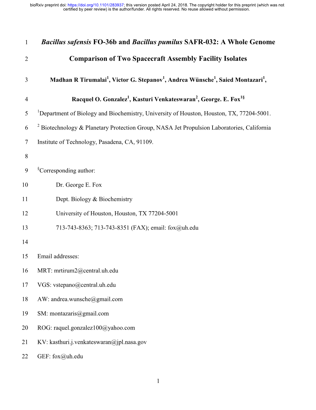 Bacillus Safensis FO-36B and Bacillus Pumilus SAFR-032: a Whole Genome Comparison of Two Spacecraft Assembly Facility Isolates