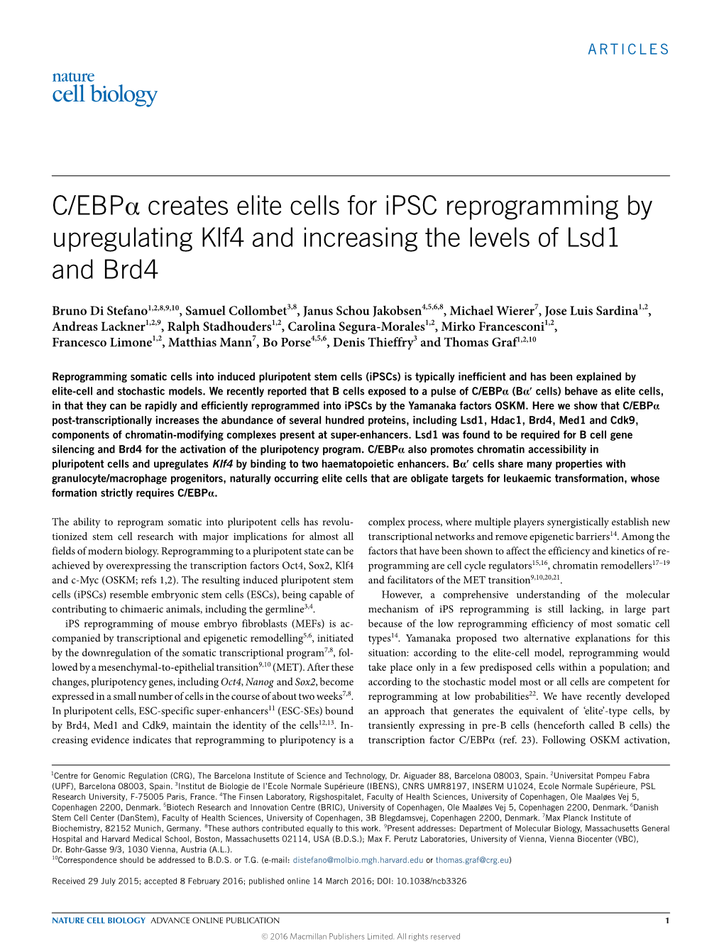 C/EBP Creates Elite Cells for Ipsc Reprogramming by Upregulating