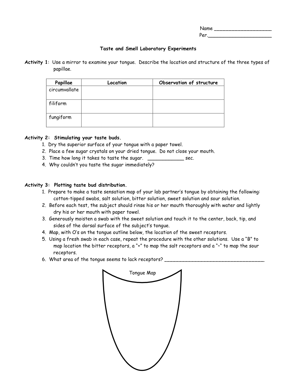 Taste and Smell Laboratory Experiments Activity 1