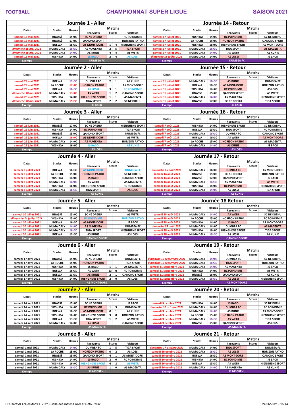 Calendrier Super Ligue