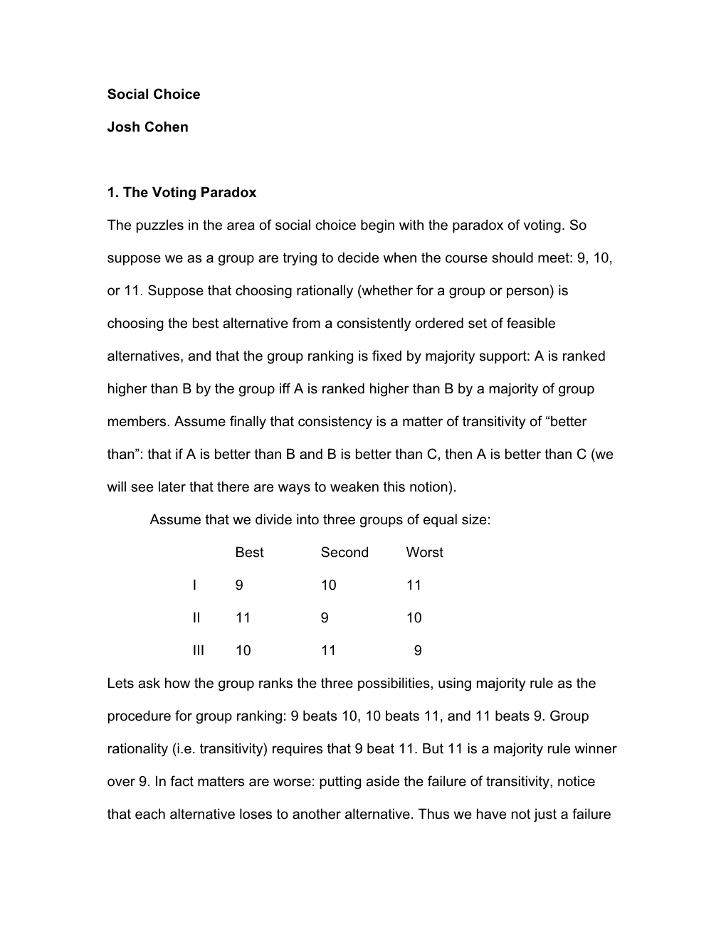 Social Choice Josh Cohen 1. the Voting Paradox the Puzzles in The