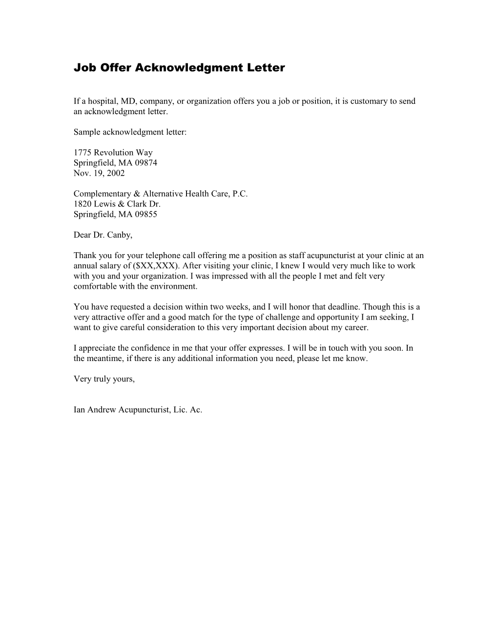 Job Offer Acknowledgment Letter