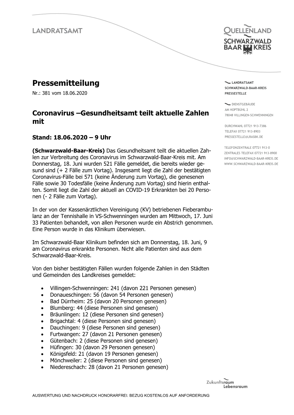 Pressemitteilung LANDRATSAMT SCHWARZWALD-BAAR-KREIS Nr.: 381 Vom 18.06.2020 PRESSESTELLE