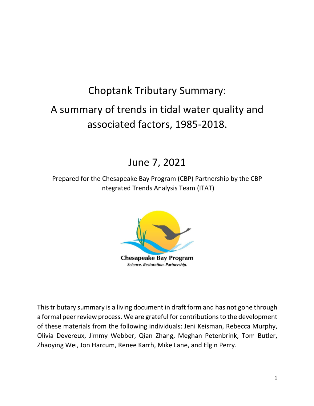 Choptank Tributary Summary: a Summary of Trends in Tidal Water Quality and Associated Factors, 1985-2018