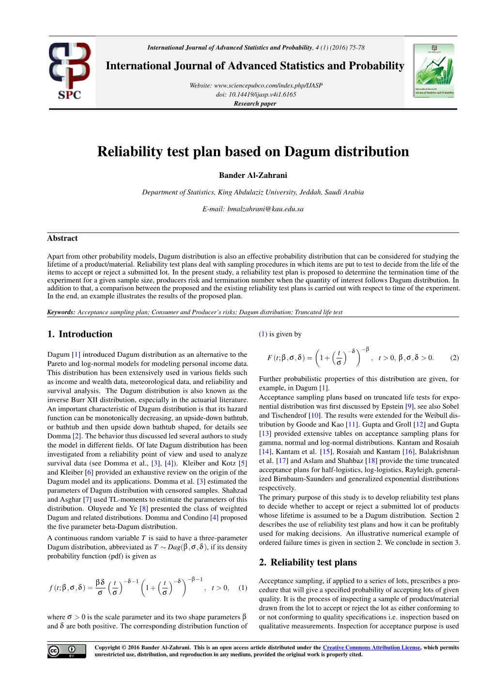 Reliability Test Plan Based on Dagum Distribution