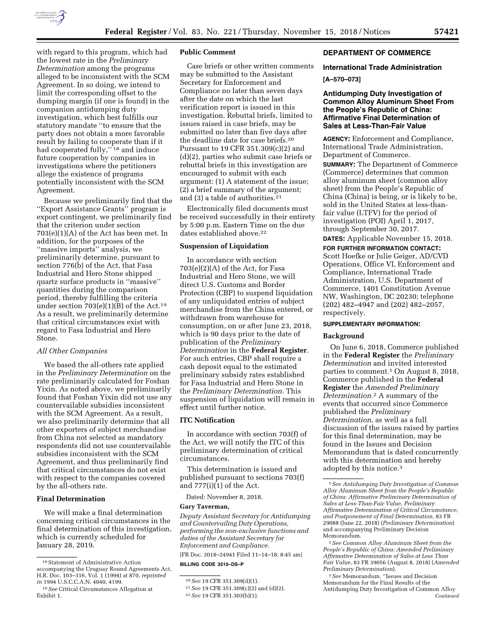 Federal Register/Vol. 83, No. 221/Thursday, November 15, 2018