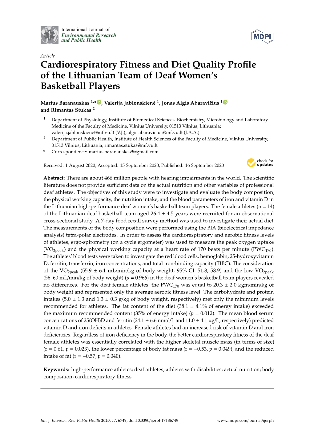 Cardiorespiratory Fitness and Diet Quality Profile of the Lithuanian