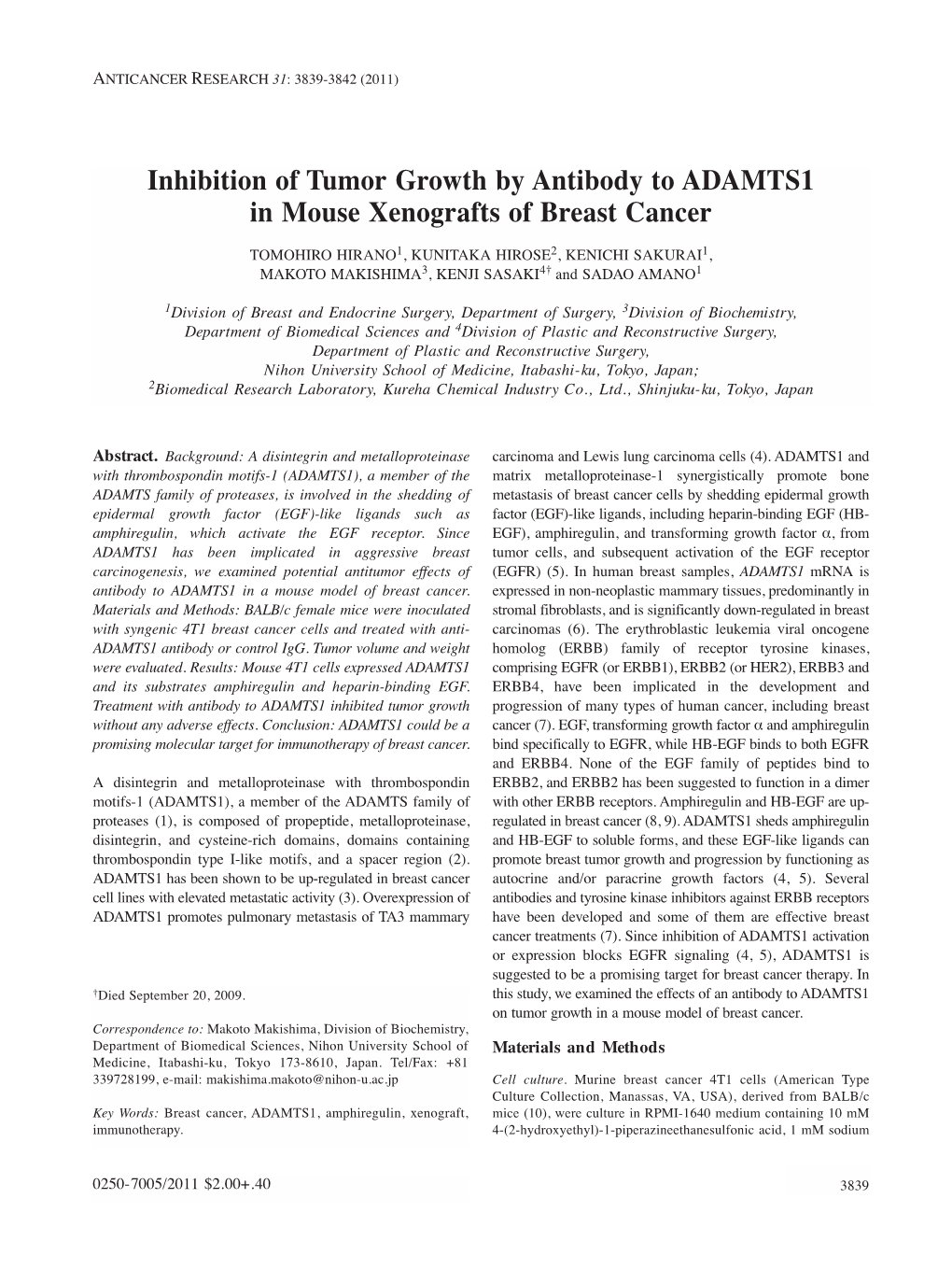 Inhibition of Tumor Growth by Antibody to ADAMTS1 in Mouse Xenografts of Breast Cancer