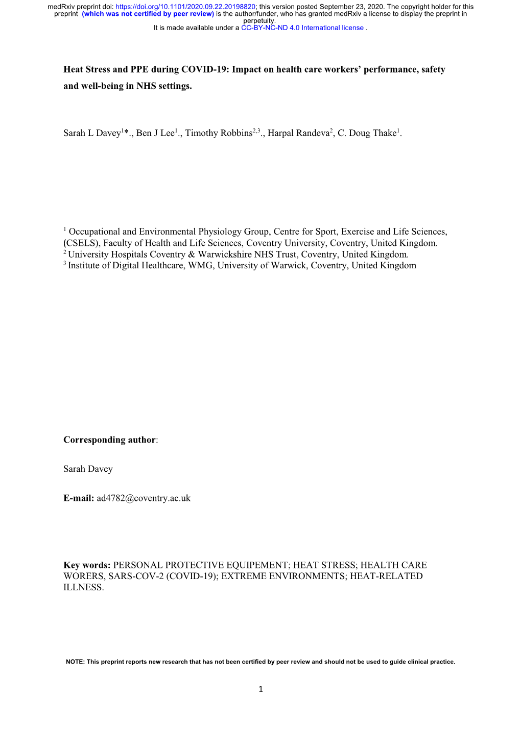 Heat Stress and PPE During COVID-19: Impact on Health Care Workers’ Performance, Safety and Well-Being in NHS Settings