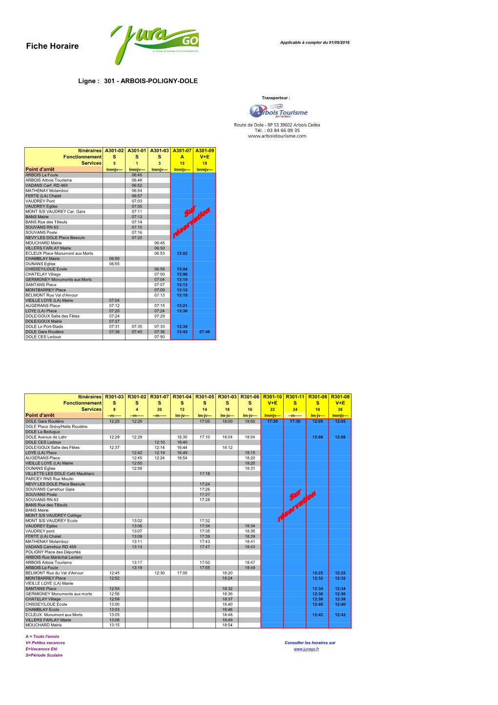 Fiche Horaire Applicable À Compter Du 01/09/2016