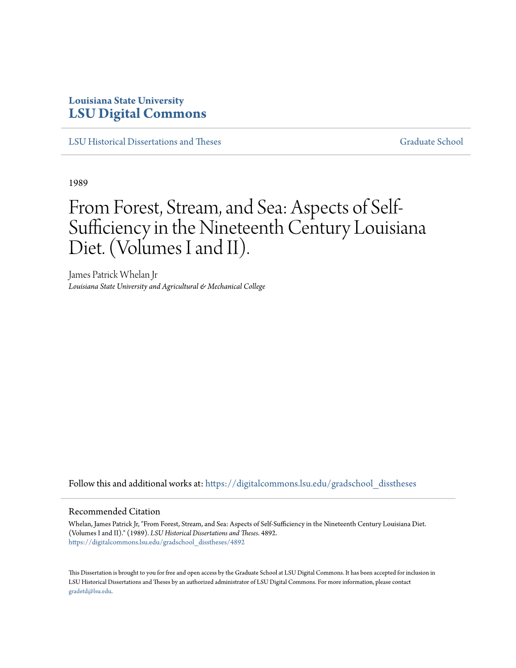 Aspects of Self-Sufficiency in the Nineteenth Century Louisiana Diet