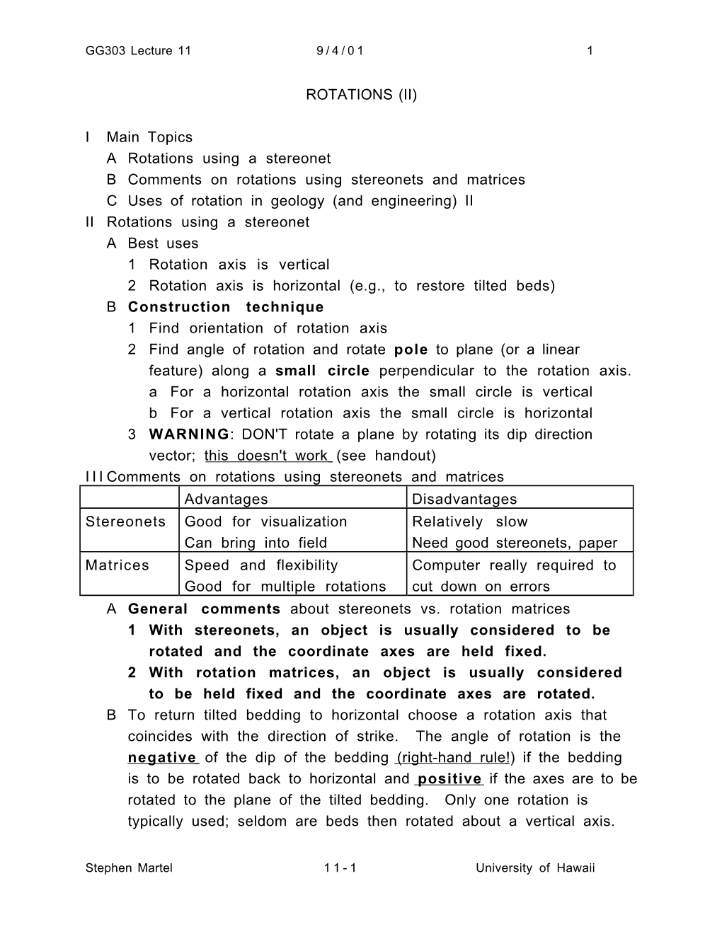 (II) I Main Topics a Rotations Using a Stereonet B