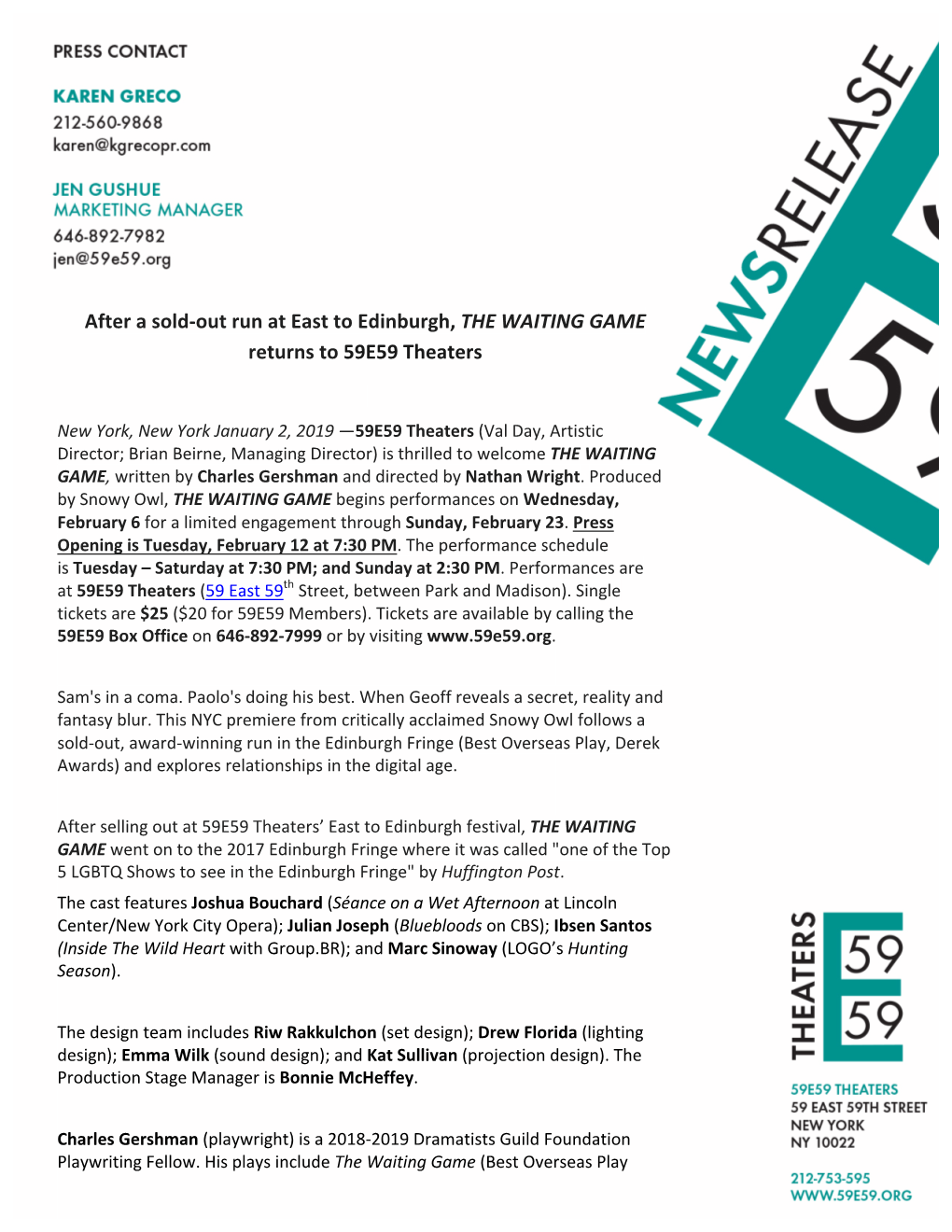 After a Sold-Out Run at East to Edinburgh, the WAITING GAME Returns to 59E59 Theaters