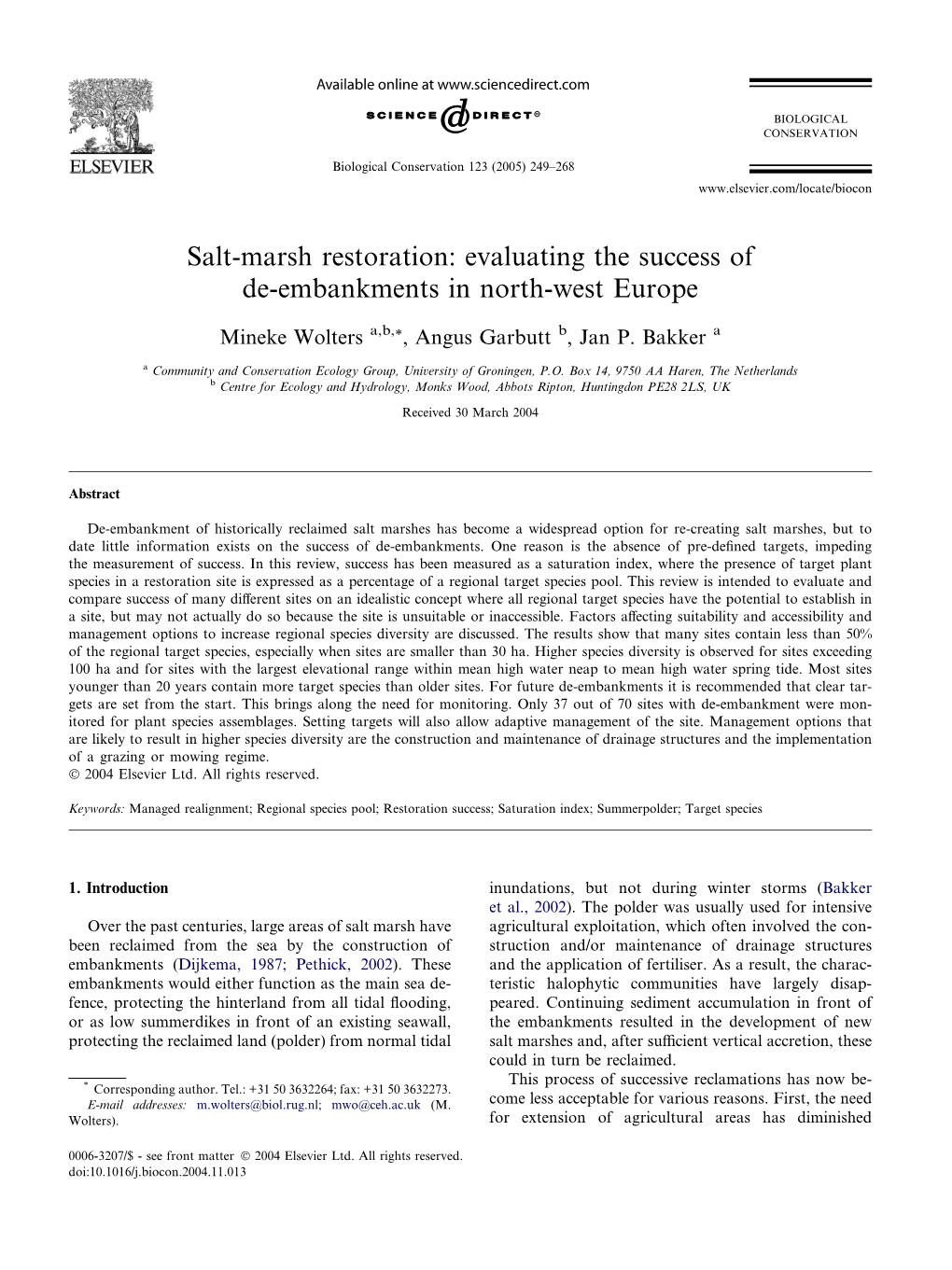 Salt-Marsh Restoration: Evaluating the Success of De-Embankments in North-West Europe