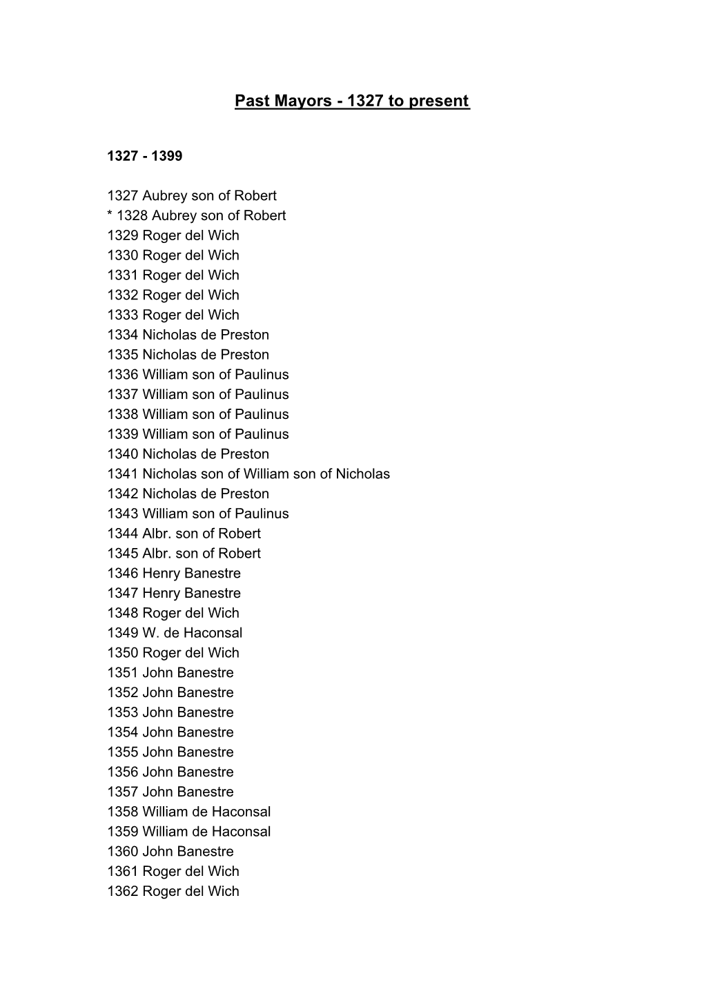 Past Mayors - 1327 to Present