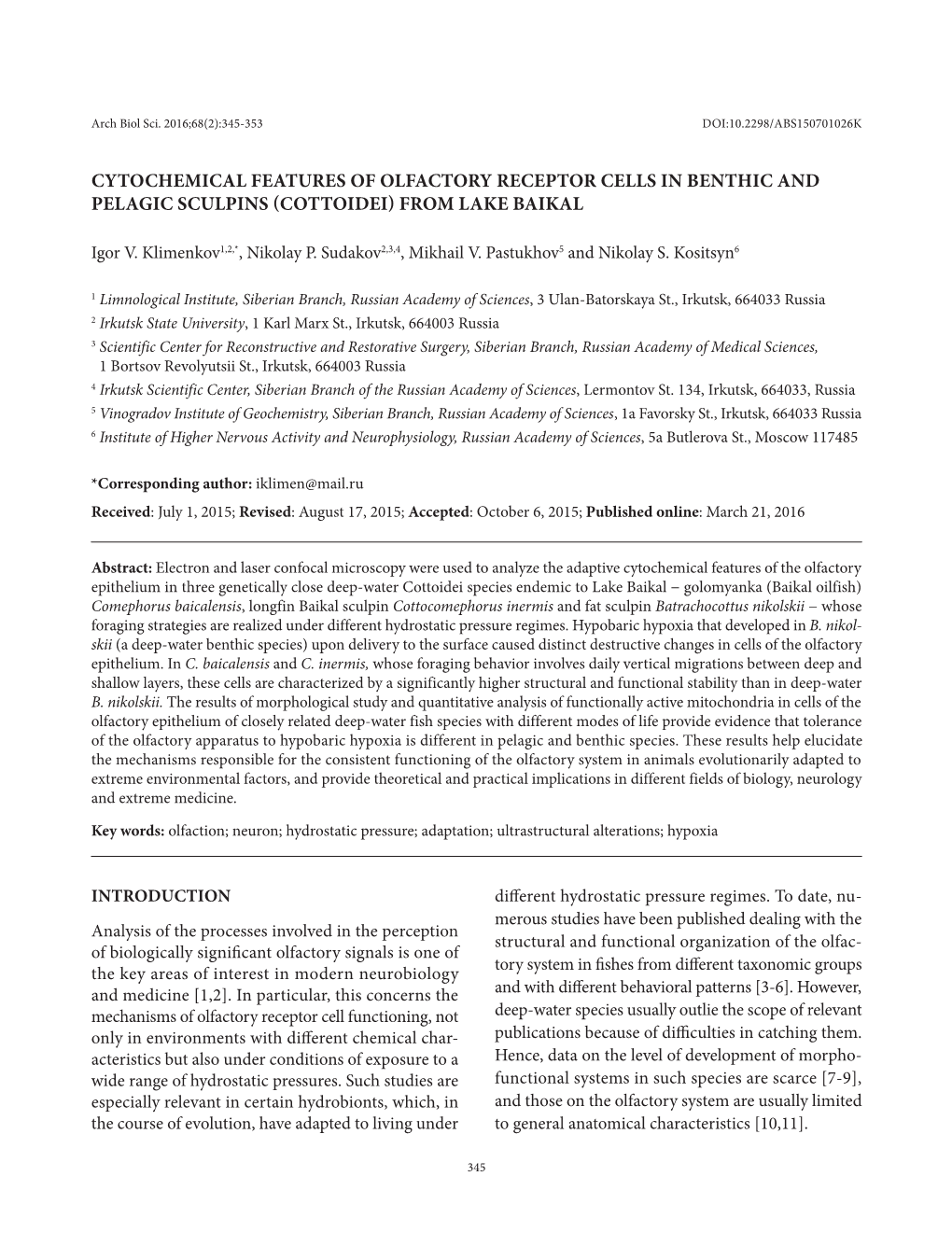 Cytochemical Features of Olfactory Receptor Cells in Benthic and Pelagic Sculpins (Cottoidei) from Lake Baikal