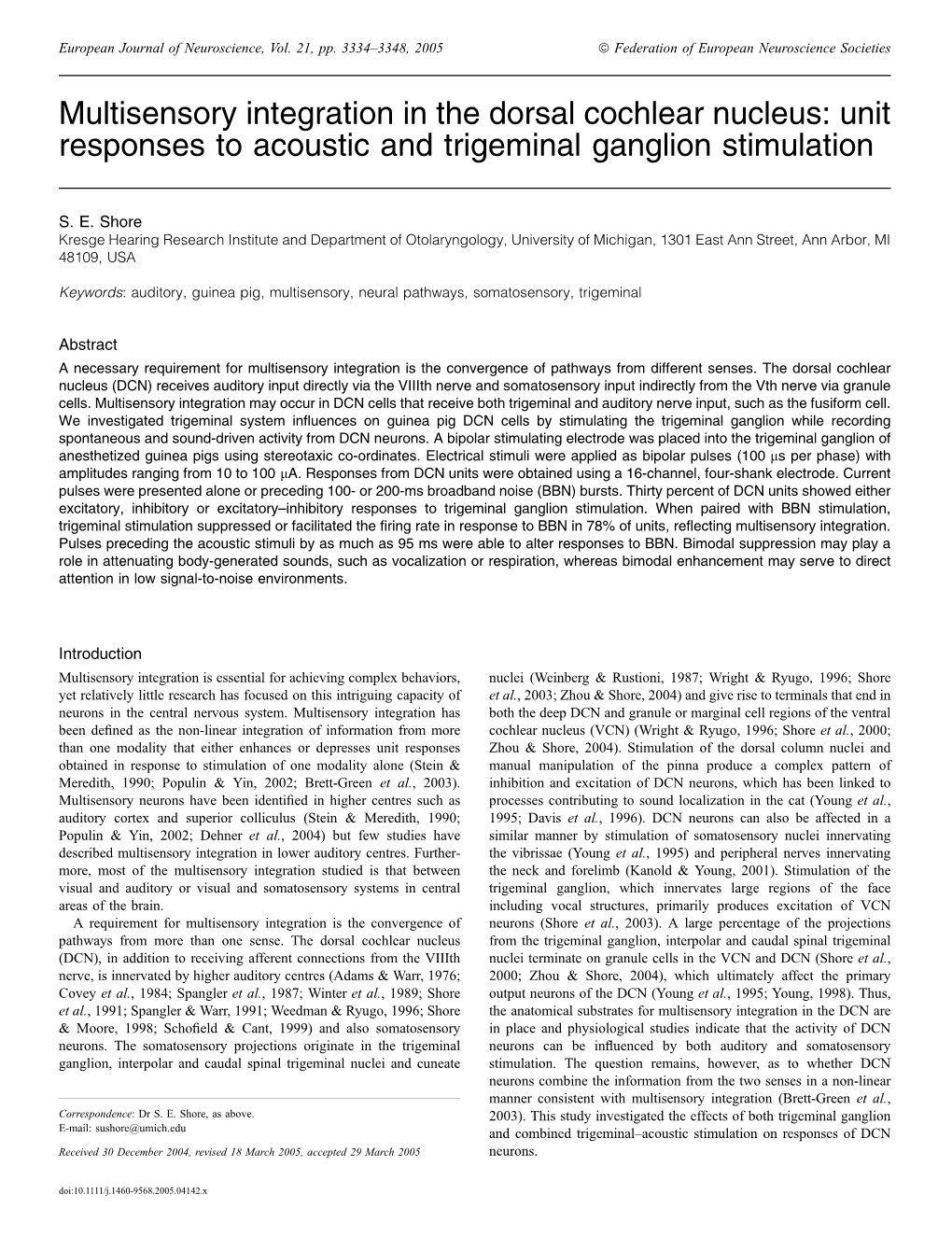 Multisensory Integration in the Dorsal Cochlear Nucleus: Unit Responses to Acoustic and Trigeminal Ganglion Stimulation