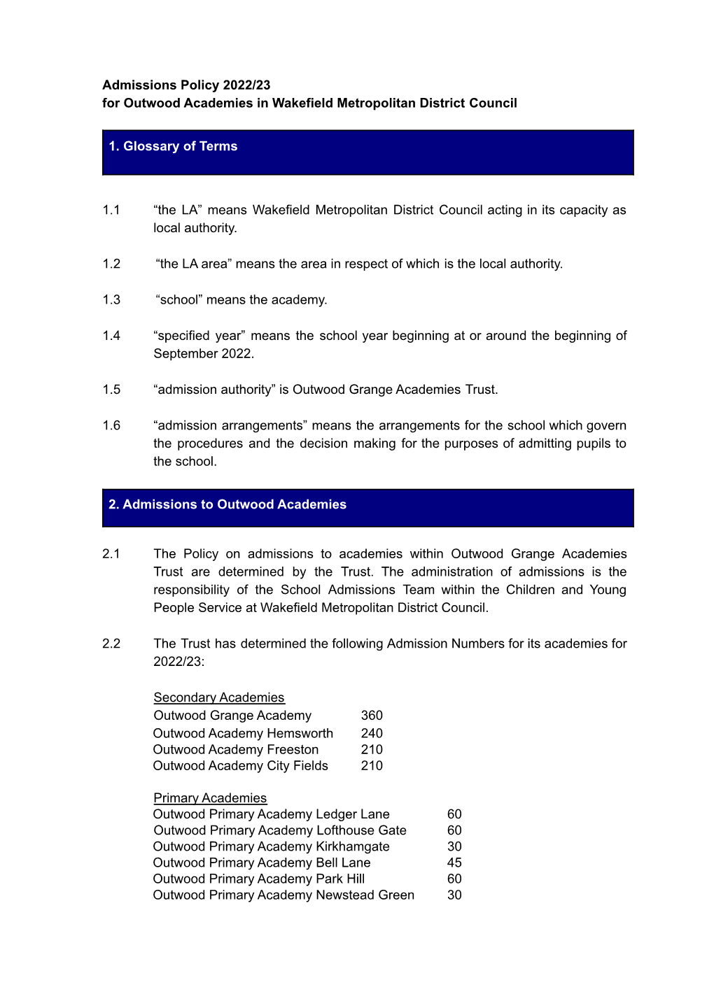 Admissions Policy WMDC 2022/23