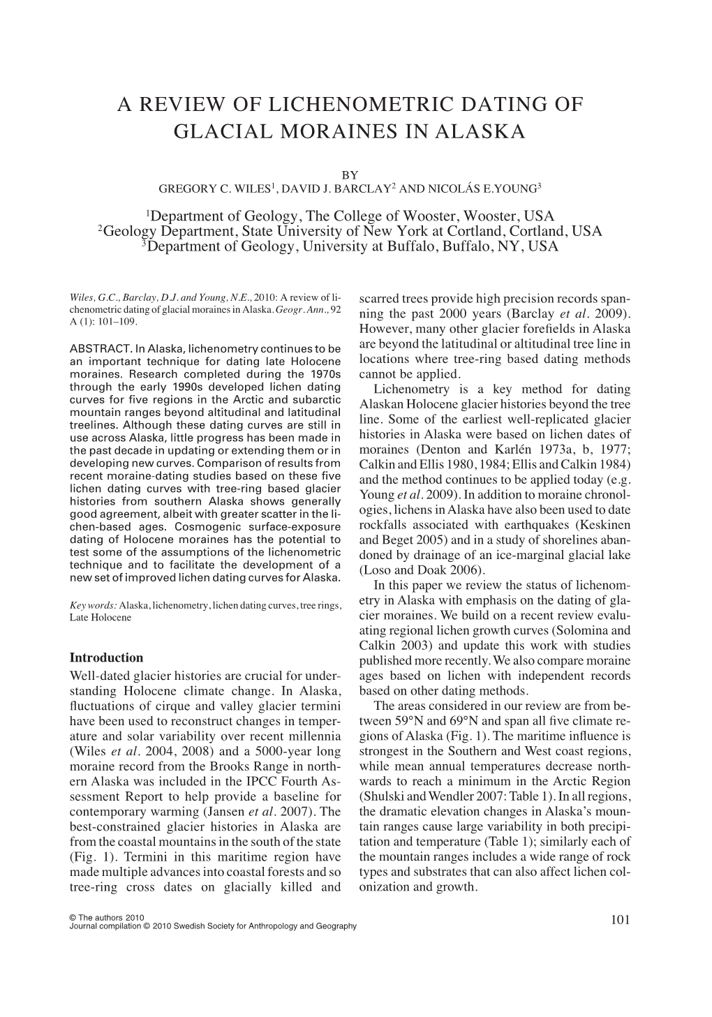 A Review of Lichenometric Dating of Glacial Moraines in Alaska a Review of Lichenometric Dating of Glacial Moraines in Alaska