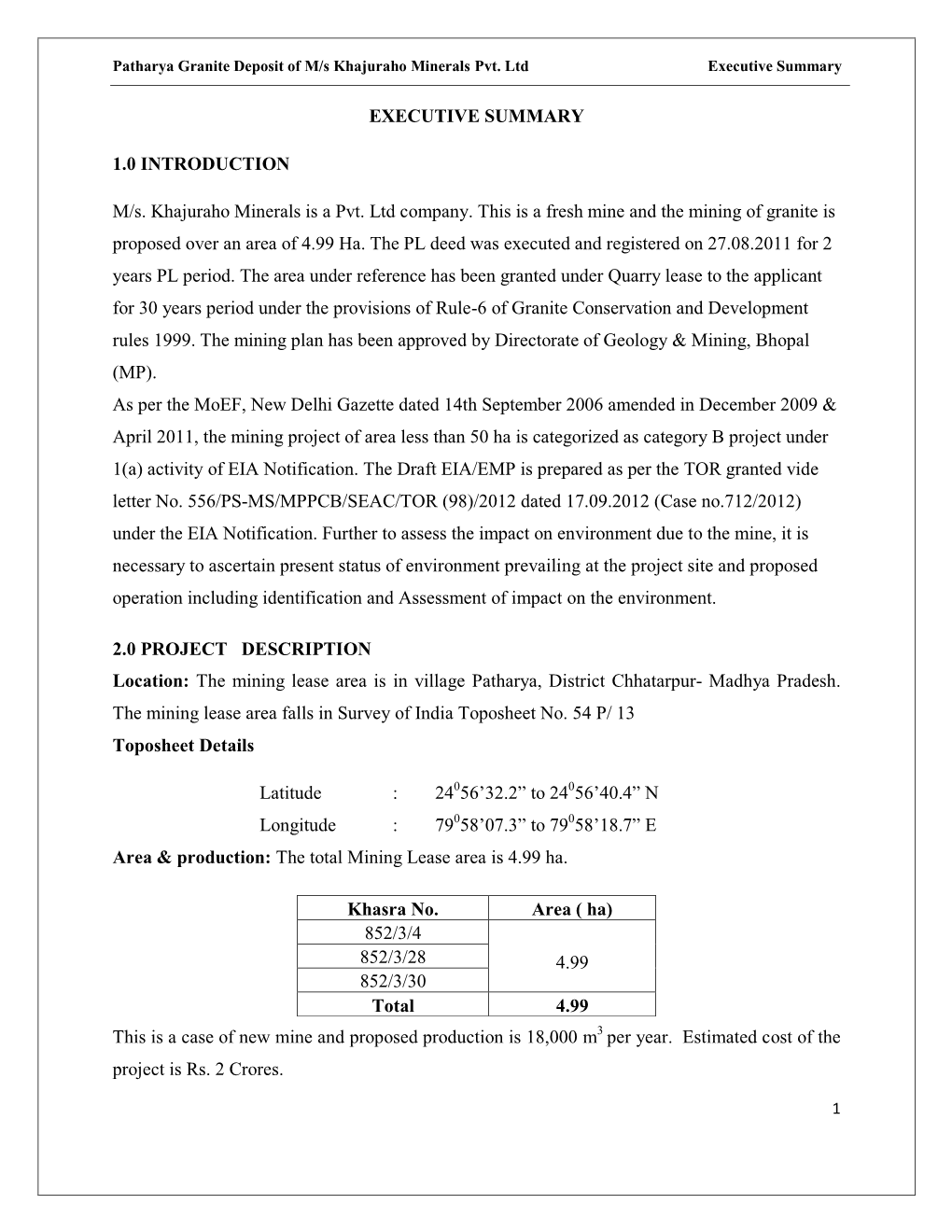 Patharya Granite Deposit of M/S Khajuraho Minerals Pvt. Ltd Executive Summary