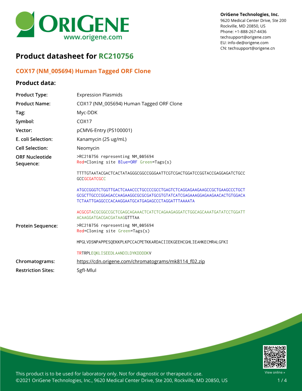 COX17 (NM 005694) Human Tagged ORF Clone Product Data