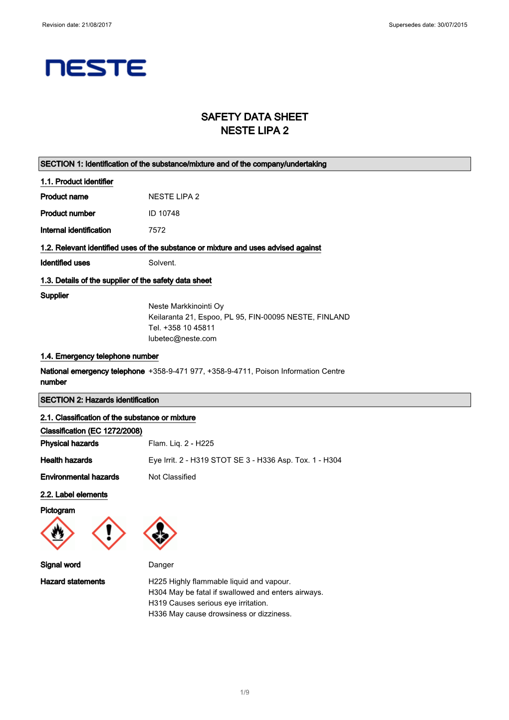 Safety Data Sheet Neste Lipa 2