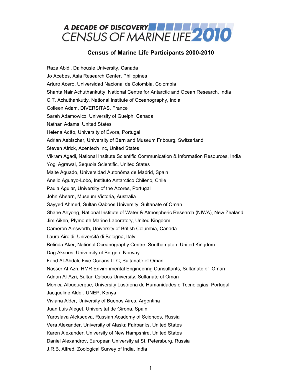 1 Census of Marine Life Participants 2000-2010